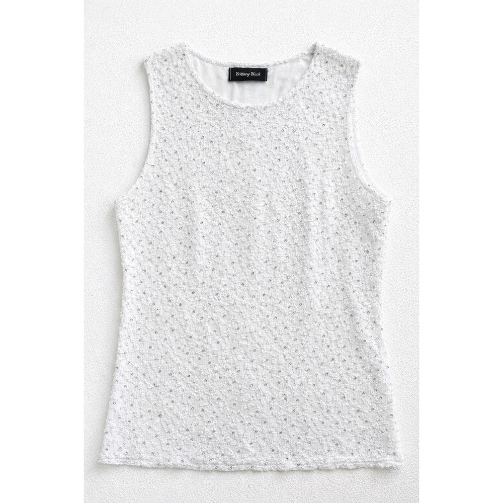 Brittany Black Lace Beaded Top Womens M White Sleeveless Floral Elegant